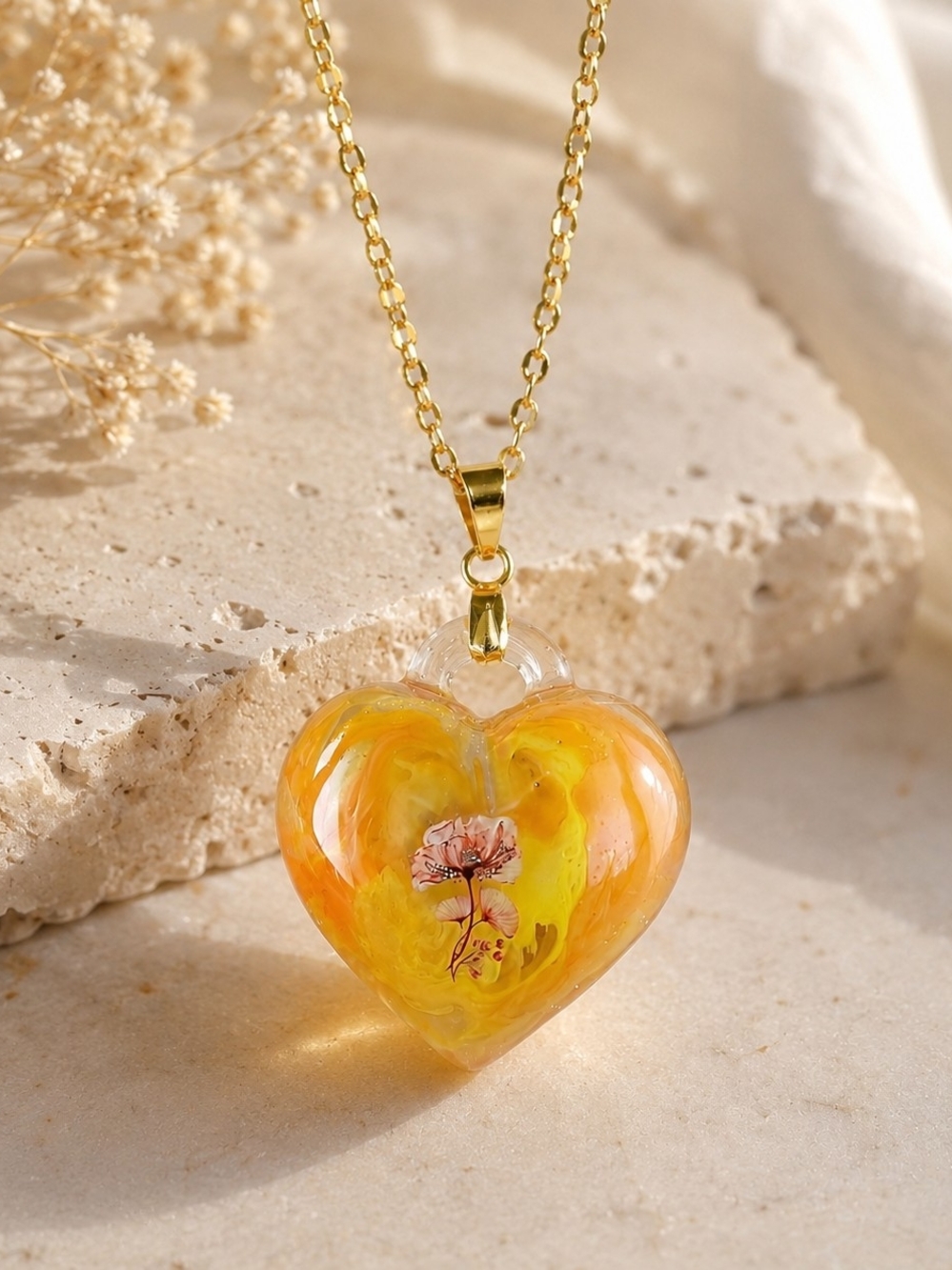 Gold-Trim Yellow Heart Pendant Necklace - Floral Accent